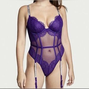 VICTORIA’S SECRET | Shine lace/rhinestone garter teddy/bodysuit lingerie